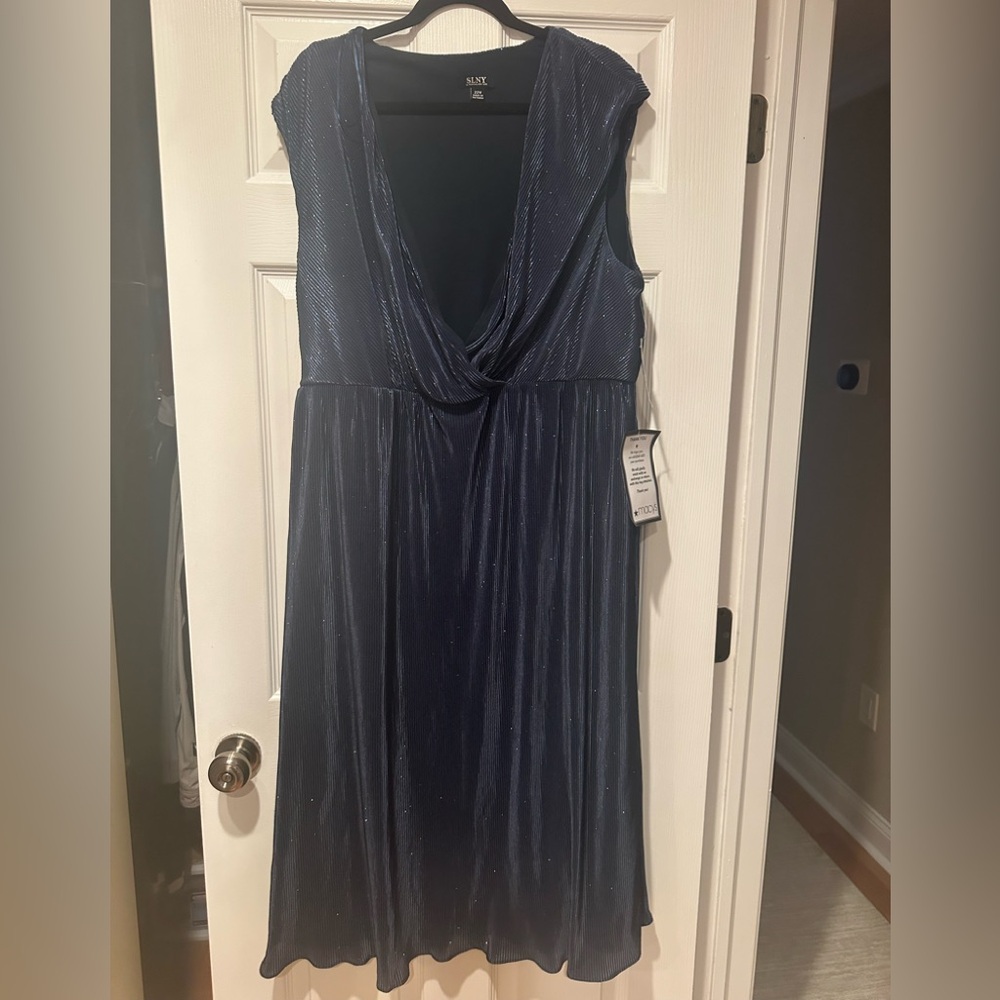 SLNY Navy Shimmer Midi Dress with Draped V-Neckline
